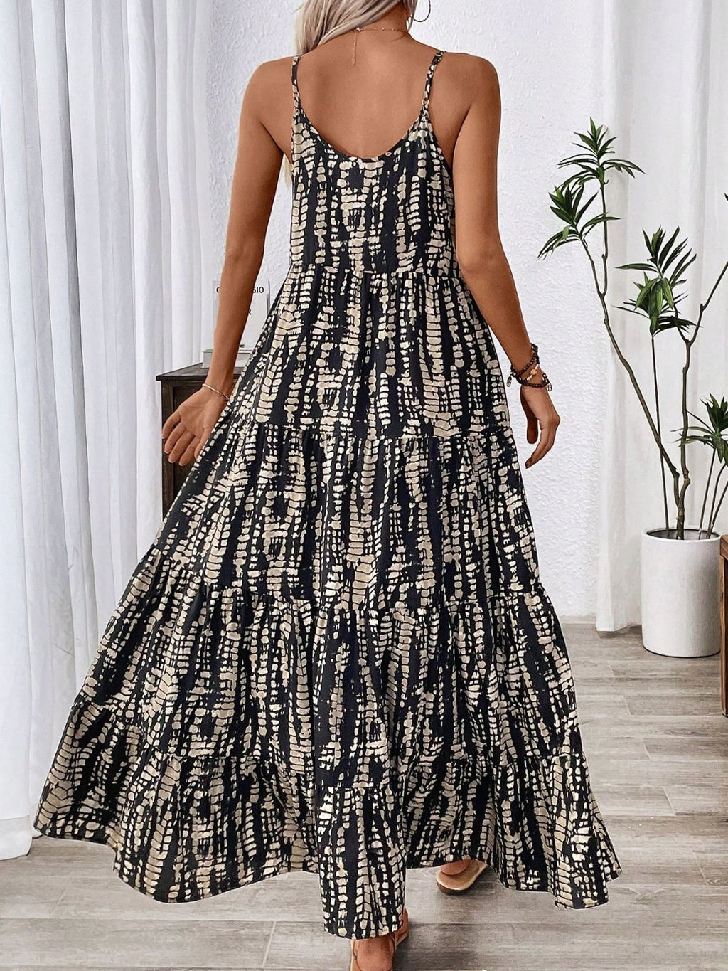 Black and Beige Abstract Print Maxi Dress Bohemian Resort Wear