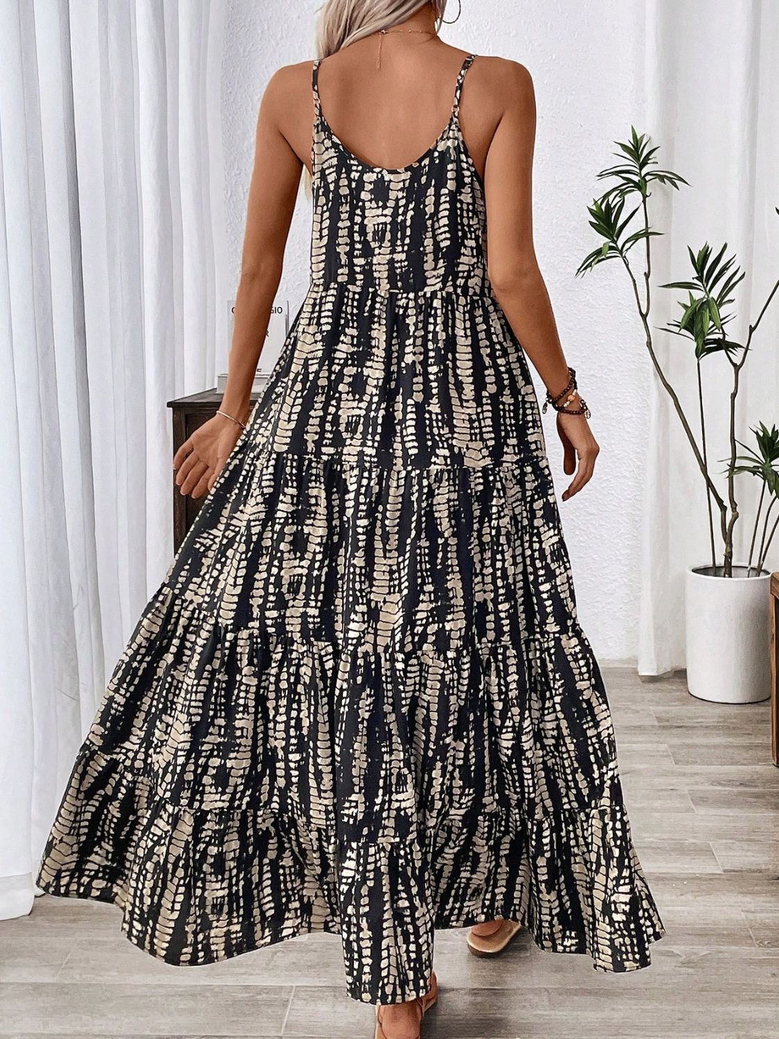 Black and Beige Abstract Print Maxi Dress Bohemian Resort Wear