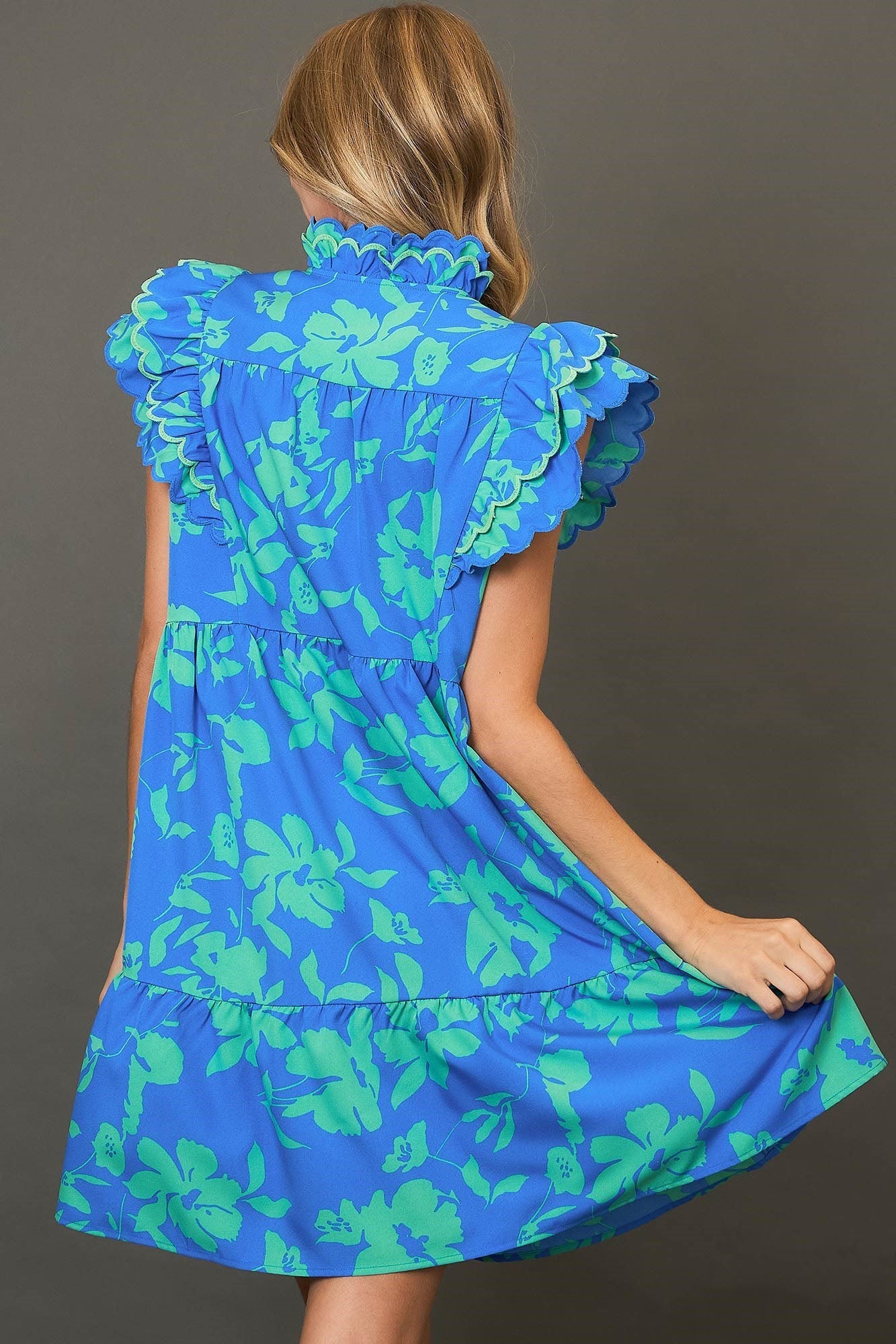 Blue Two-Tone Floral Print Ruffle Cap Sleeve Mini Dress