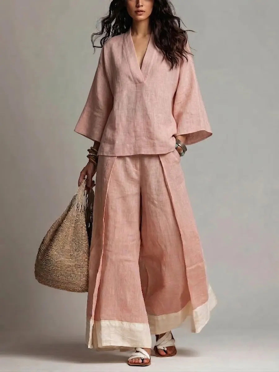 Cotton-Linen V-Neck Two-Piece Set: Wide-Leg Pants & 3/4 Sleeve Top