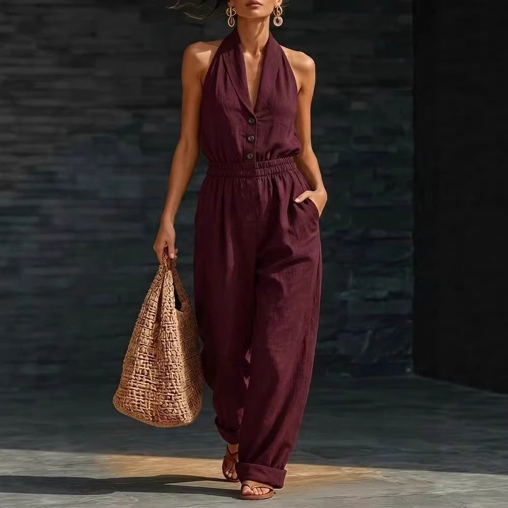 Women's V-Neck Sleeveless Button Front Jumpsuit - Image 2