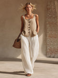 Women's Sleeveless Button-Down Top and Wide Leg Pants Set - Image 6