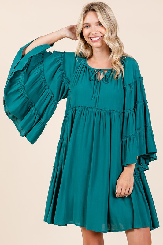 Frill Tie Neck Bell Sleeve Dress – Feminine Sophisticated Dress