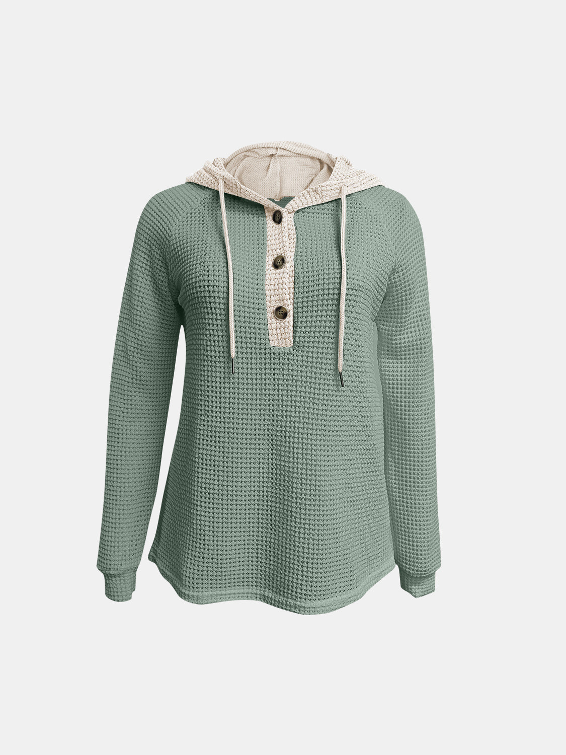 Women's Waffle-Knit Contrast Long Sleeve Hoodie with Buttons - Image 17