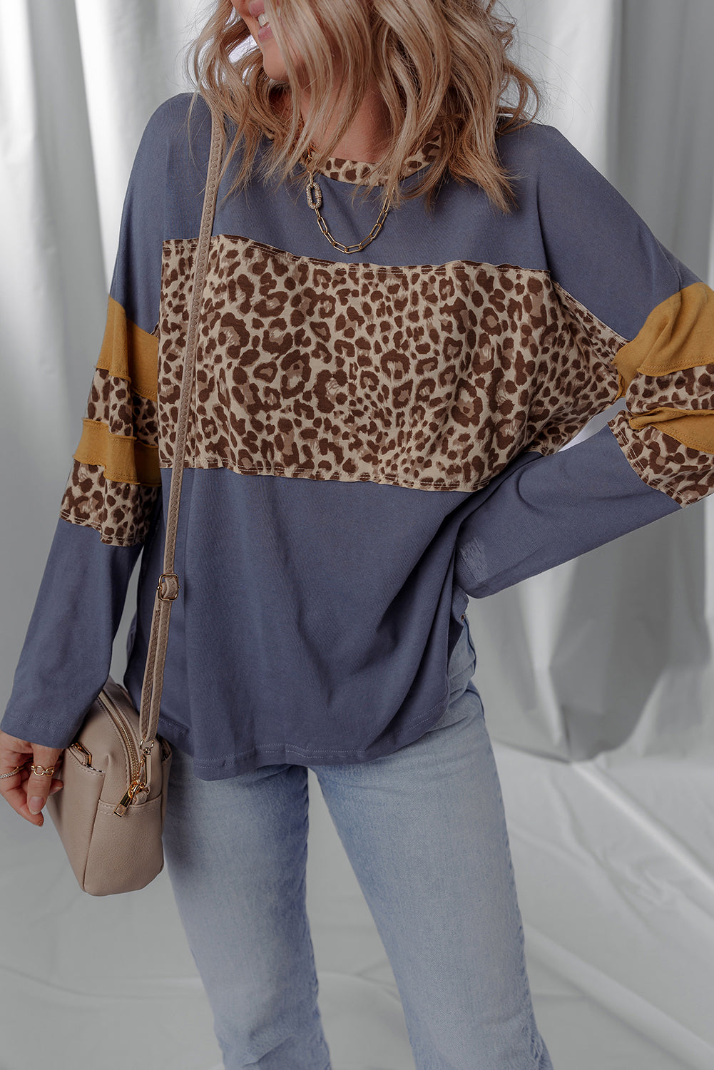 Dark Blue Leopard Colorblock Patchwork Drop Shoulder Top
