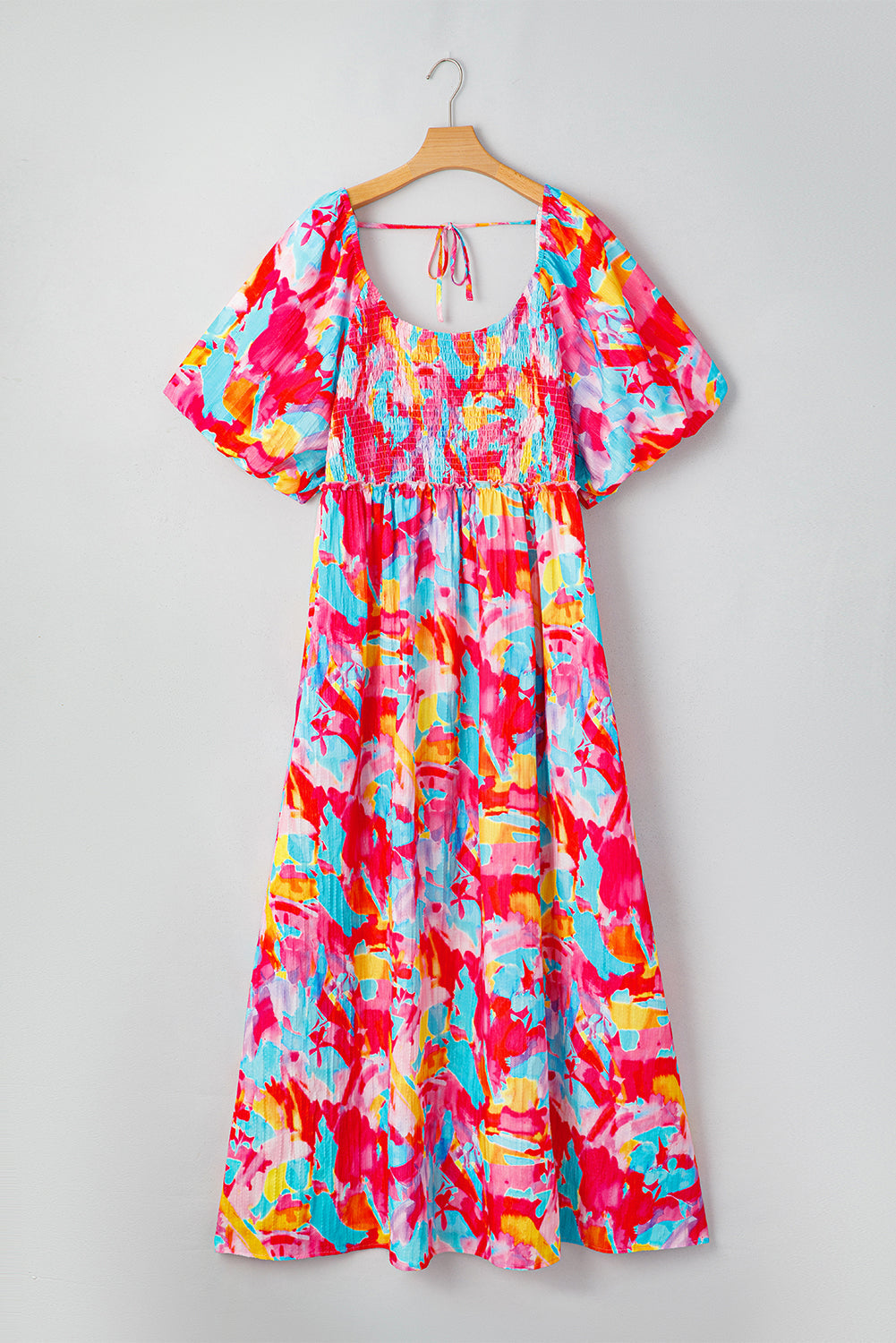 Rose Abstract Printed Puff Sleeve Square Neck Smocked Dress