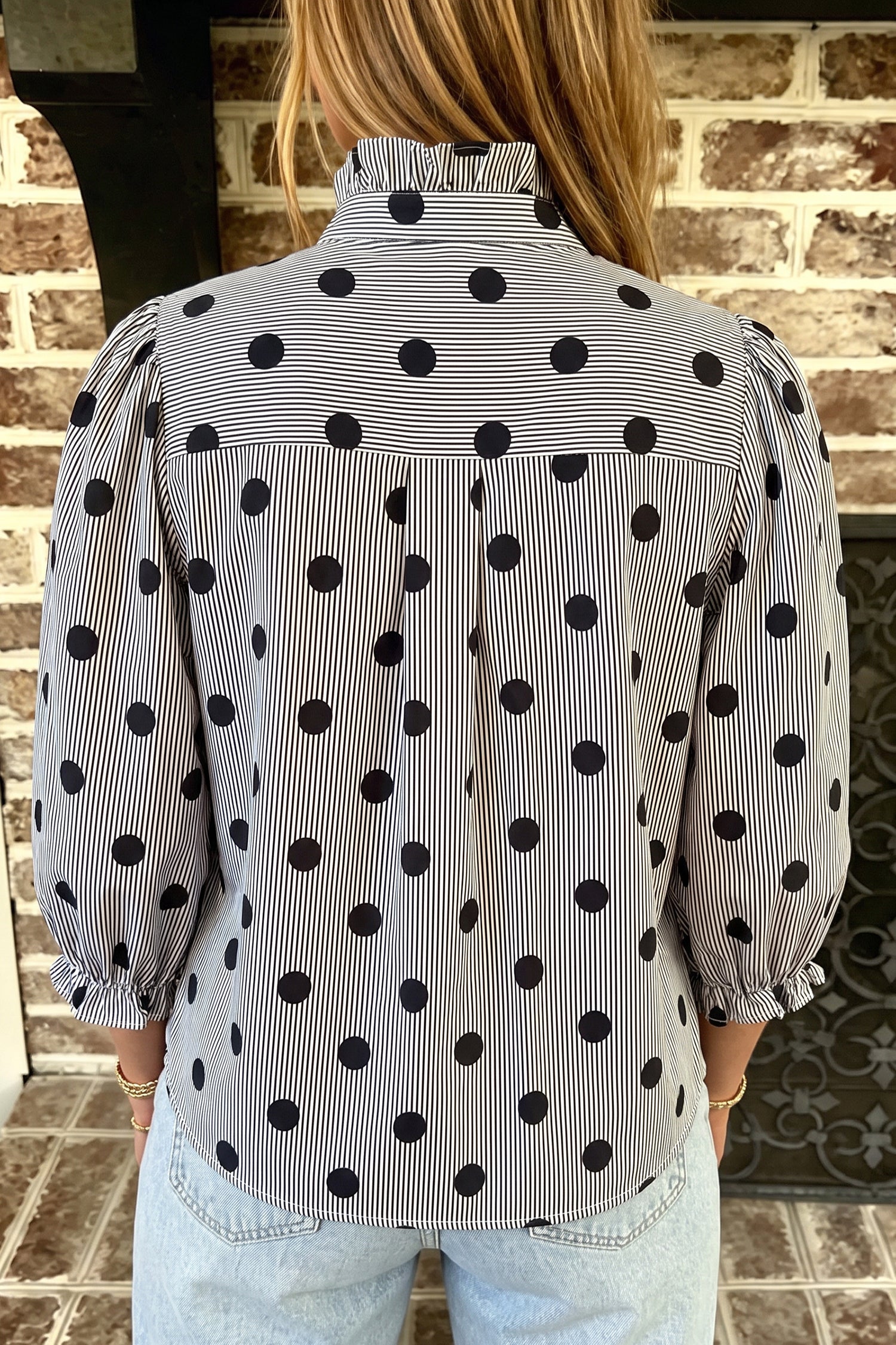 Fiery Red Polka Dot Striped Print Ruffle Stand Neck 3/4 Sleeve Shift Shirt