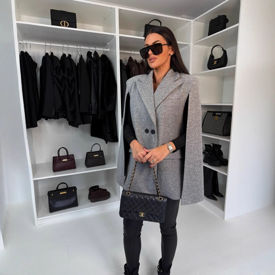 Women’s Solid Color Cape Blazer Open Front Tailored Shawl Coat - Image 2