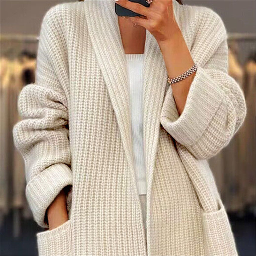 Women's Loose Lapel Knitted Cardigan Sweater Jacket with Pockets