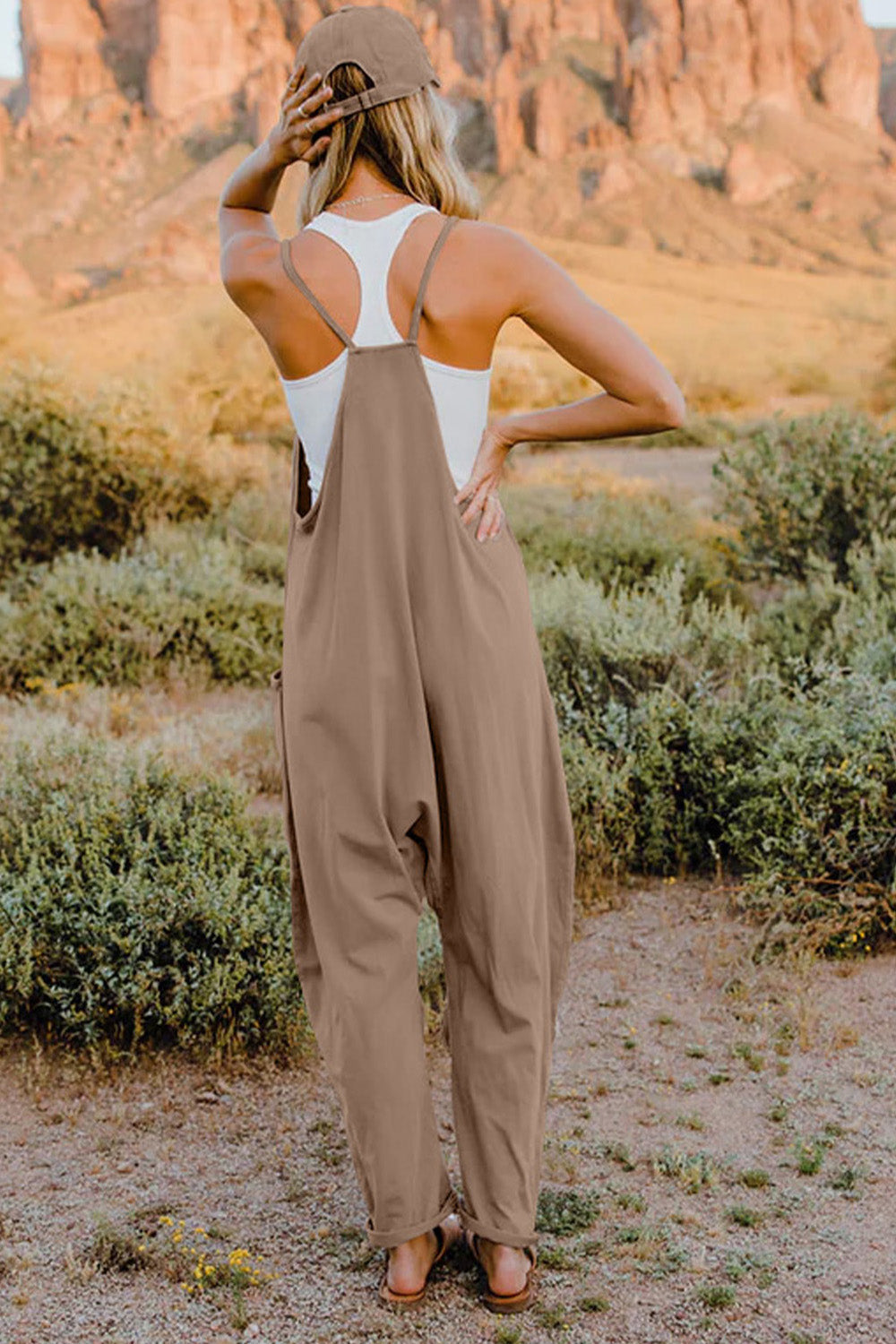 V-Neck Sleeveless Jumpsuit with Pockets - Lightweight Casual Fit