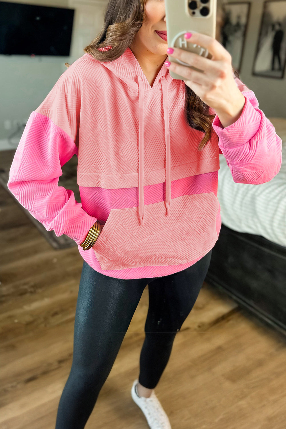 Pink Textured Color Block Drop Shoulder Kangaroo Pocket Hoodie
