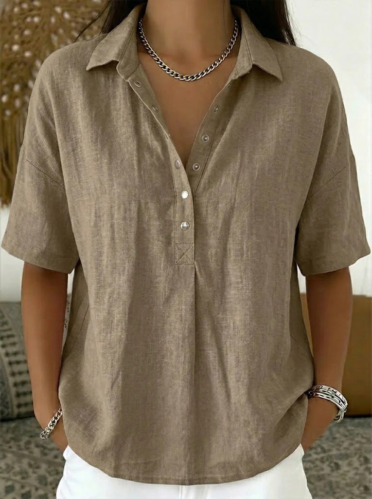 Women's Linen Short Sleeve Button Pullover Shirt