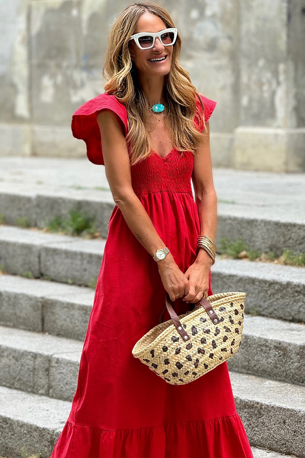 Fiery Red Cotton V-Neck Flutter Sleeve Maxi Dress