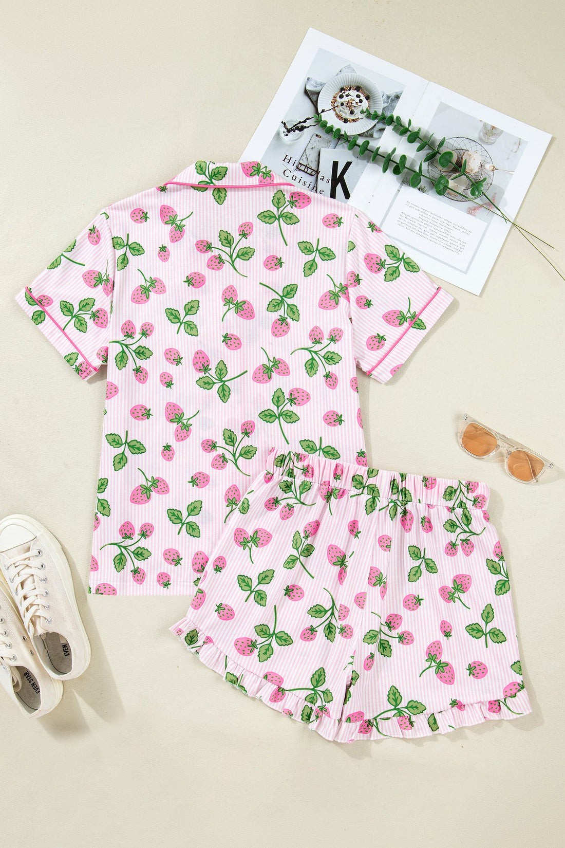 Strawberry Stripe Lapel Shirt & Drawstring Shorts Loungewear Set