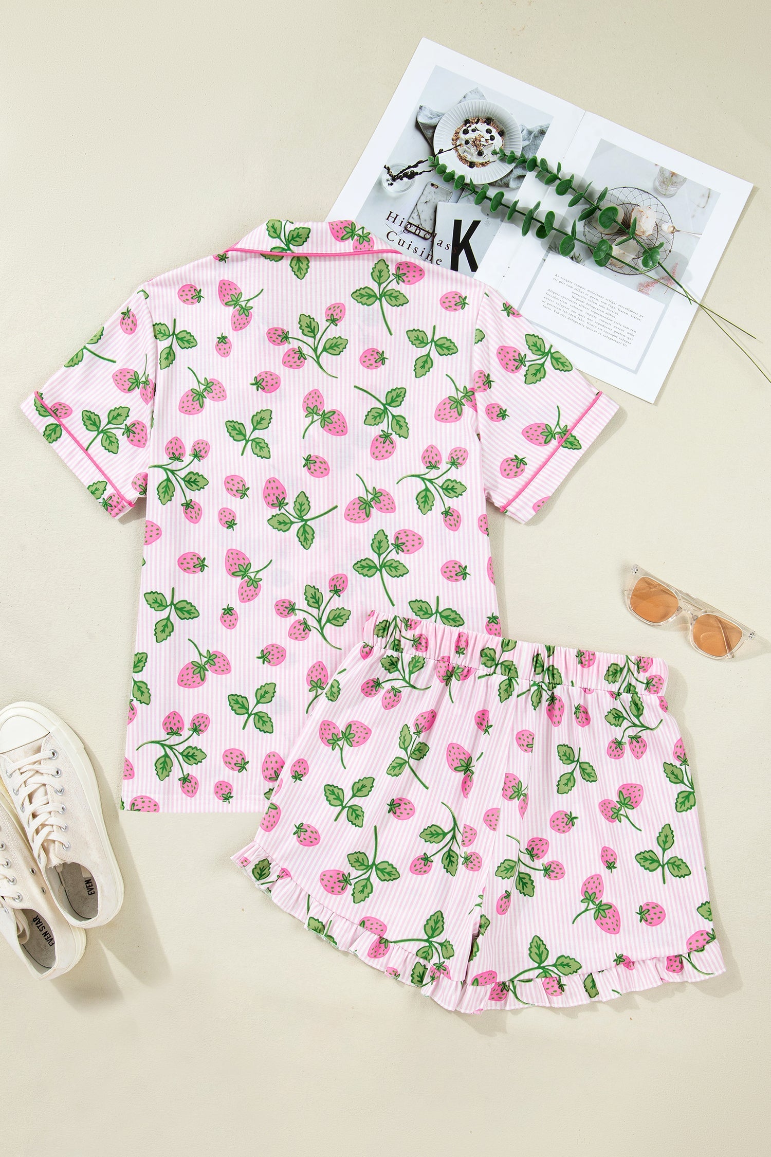 Strawberry Stripe Lapel Shirt & Drawstring Shorts Loungewear Set