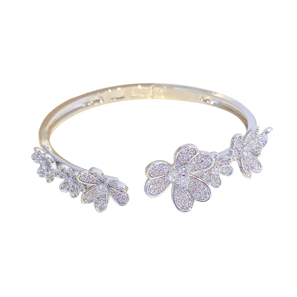 Three Flower Zirconia Open Bracelet For Women, 18K Gold, Six Flower Three-Leaf Zirconia Inlaid Bracelet, Open Bracelet