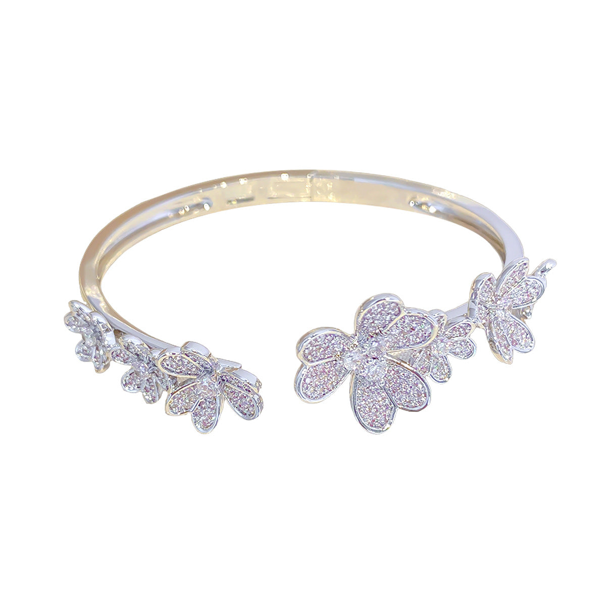 Three Flower Zirconia Open Bracelet For Women, 18K Gold, Six Flower Three-Leaf Zirconia Inlaid Bracelet, Open Bracelet