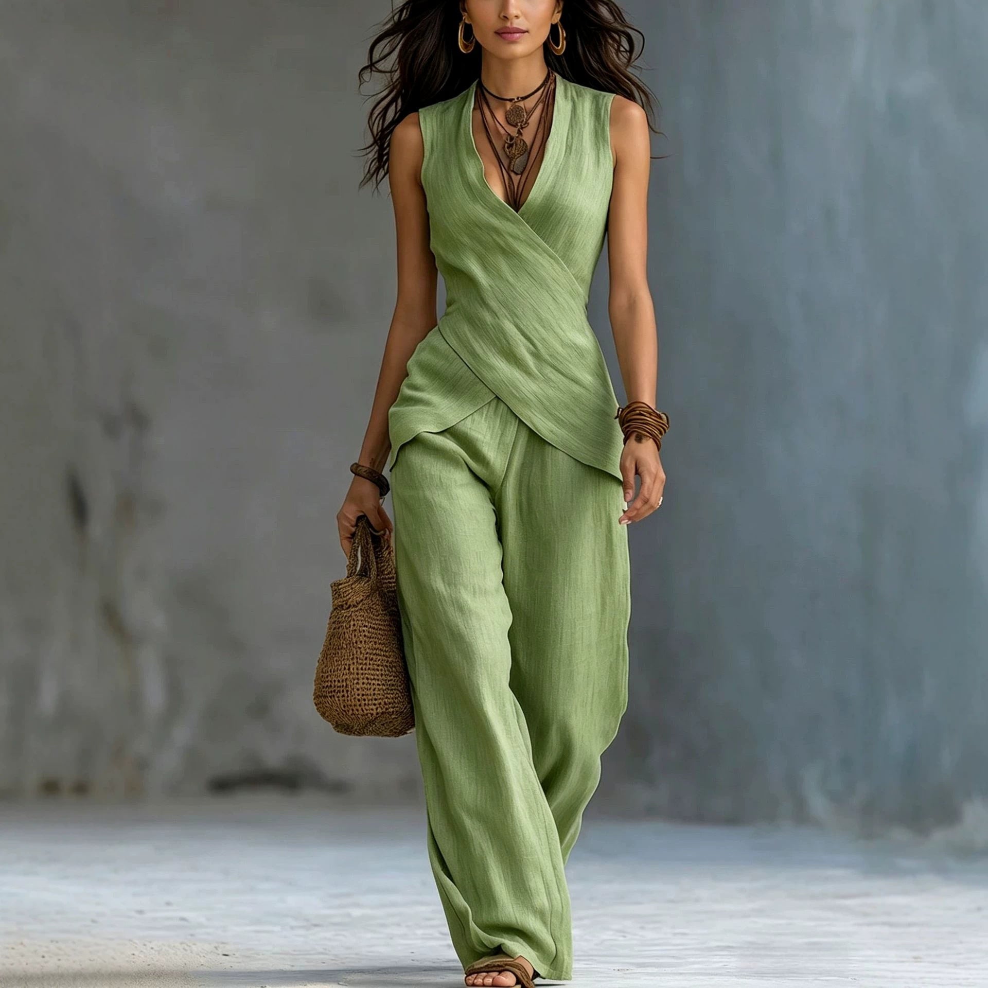 Women's Linen V-Neck Crossover Tank & Casual Trousers Set