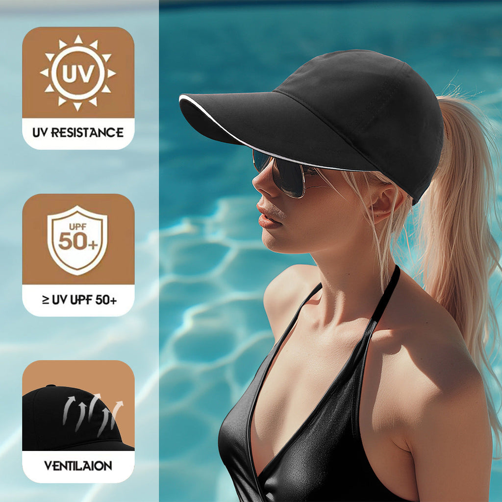 Quick-dry waterproof sports baseball cap with lengthened brim, shown in various colors.