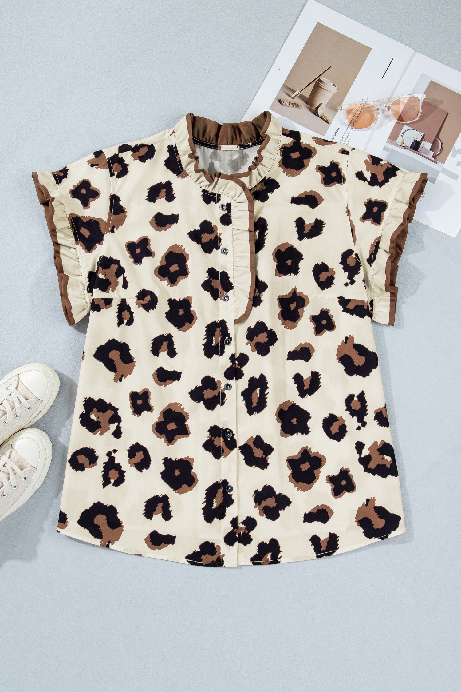 Leopard Print Frilled Button Down Blouse