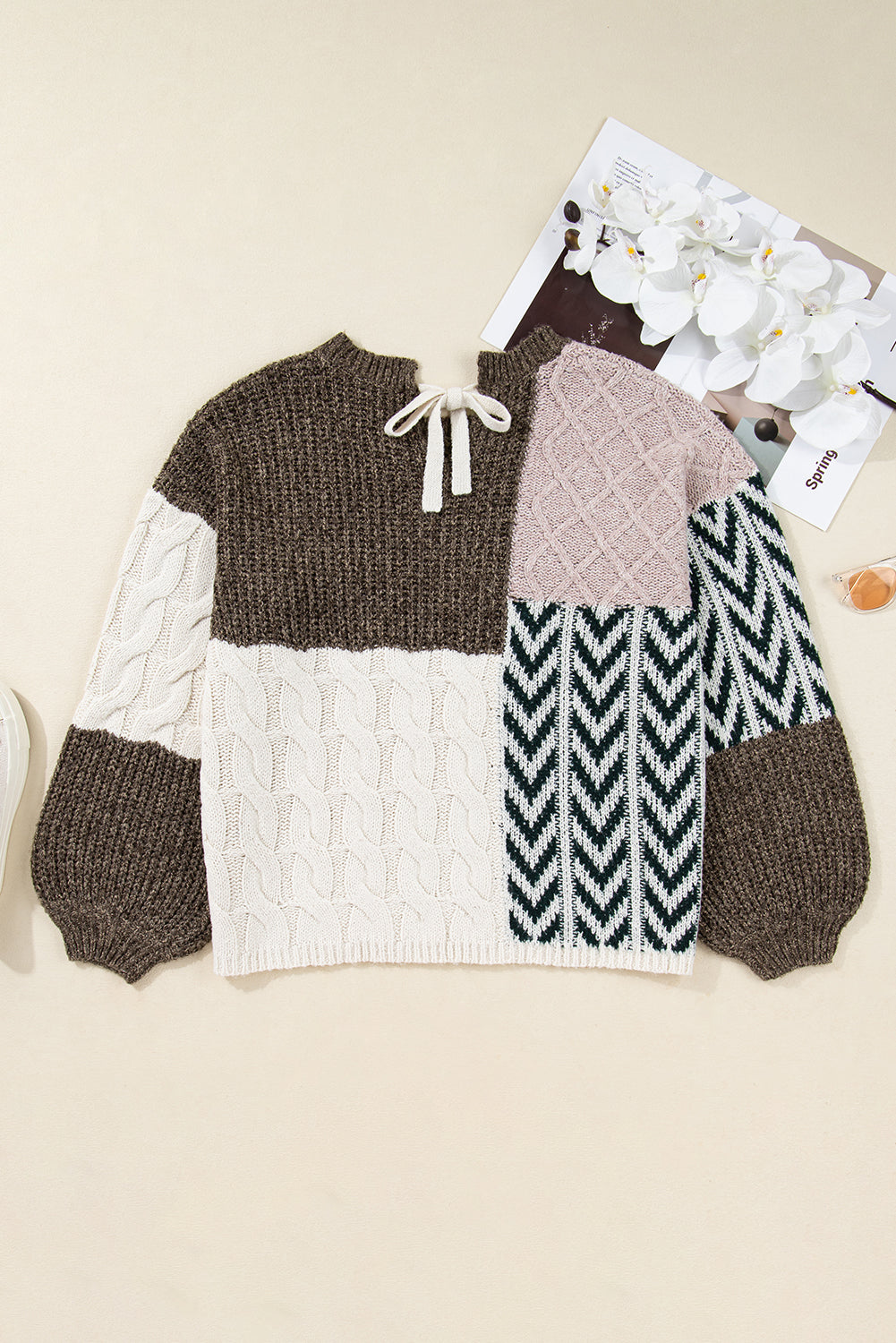 Plus Size Colorblock Cable Knit Tie Back Sweater