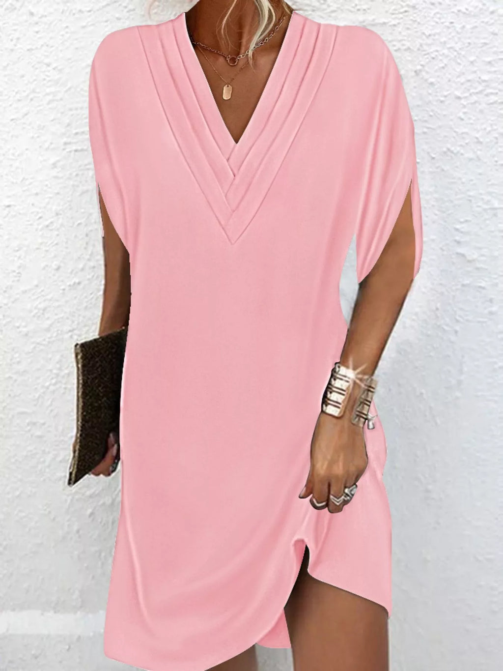 Full Size V-Neck Slit Sleeve Mini Dress Plus Size