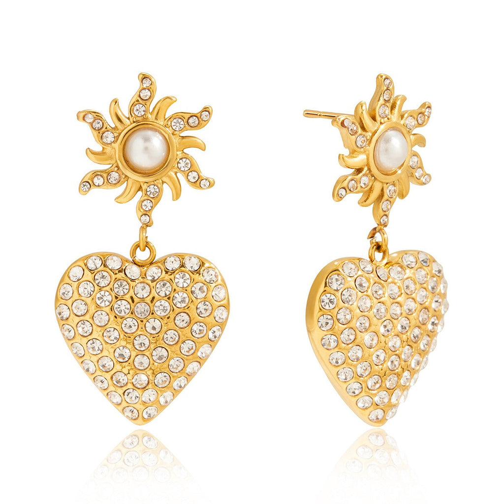 18K Gold-Plated Heart Pearl Stud Earrings with Rhinestone Accents