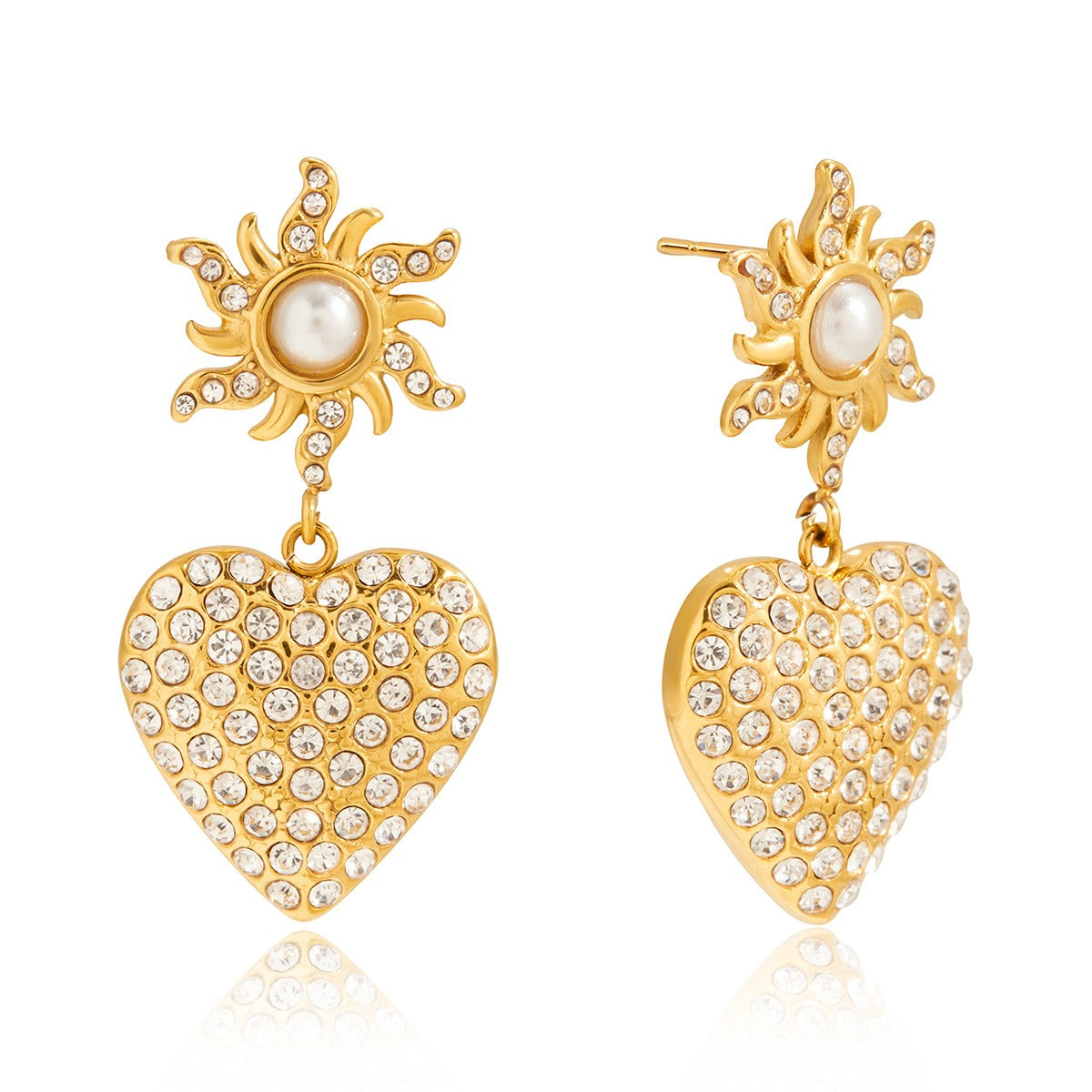 18K Gold-Plated Heart Pearl Stud Earrings with Rhinestone Accents
