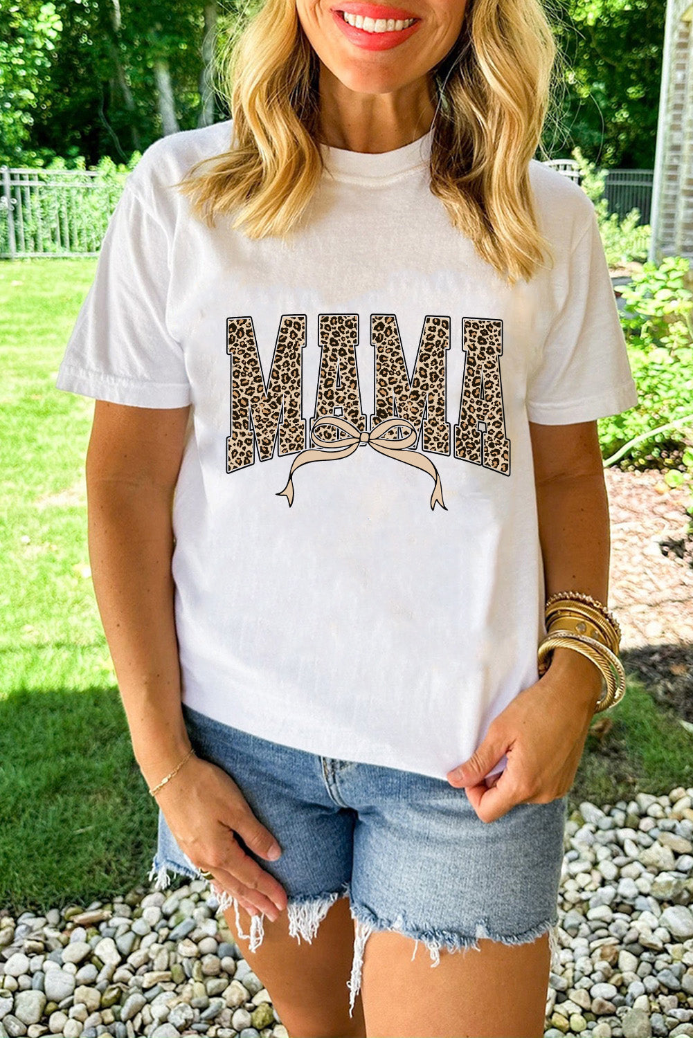 White Leopard Bow MAMA Graphic Crew Neck T Shirt