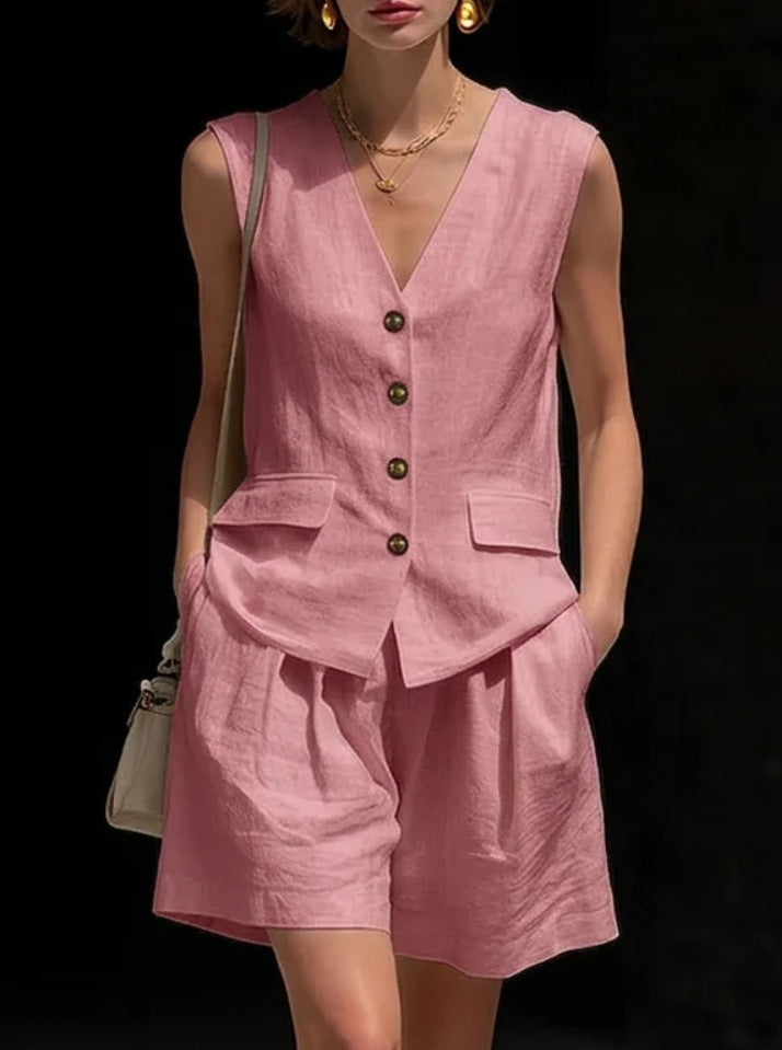 Women Cotton Linen Sleeveless Button Vest and Shorts Set - Image 9