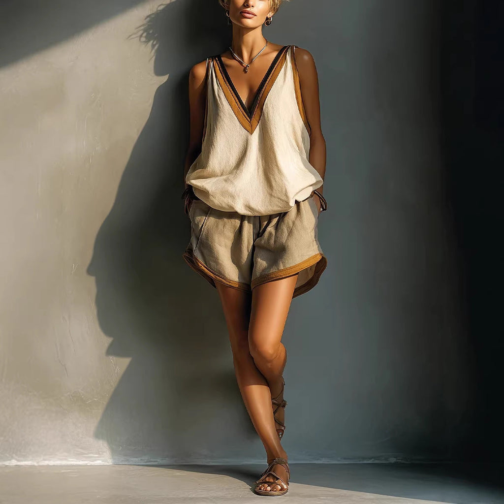 Women's V-Neck Sleeveless Color-Block Top and Shorts Set
