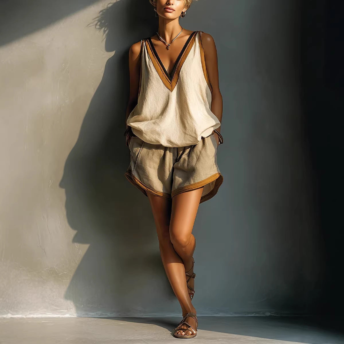 Women's V-Neck Sleeveless Color-Block Top and Shorts Set