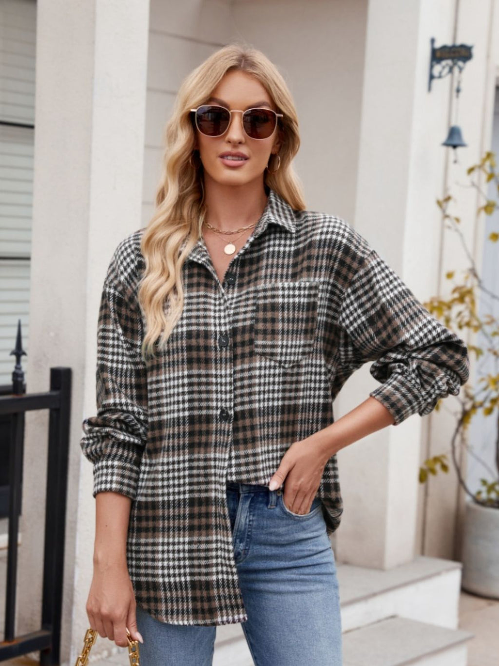 Women's Plaid Button-Down Shirt Oversized Casual Long Sleeve Top - Image 24
