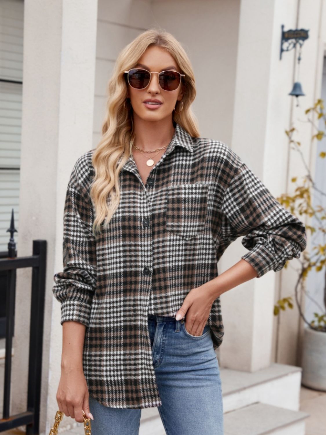 Women's Plaid Button-Down Shirt Oversized Casual Long Sleeve Top - Image 24