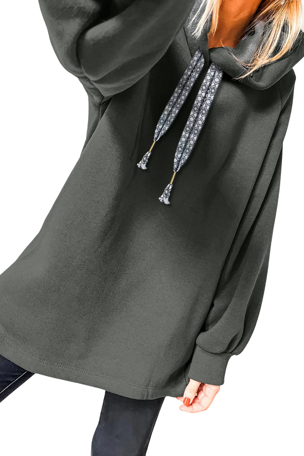 Raglan Sleeve Drawstring Hooded Tunic Sweatshirt
