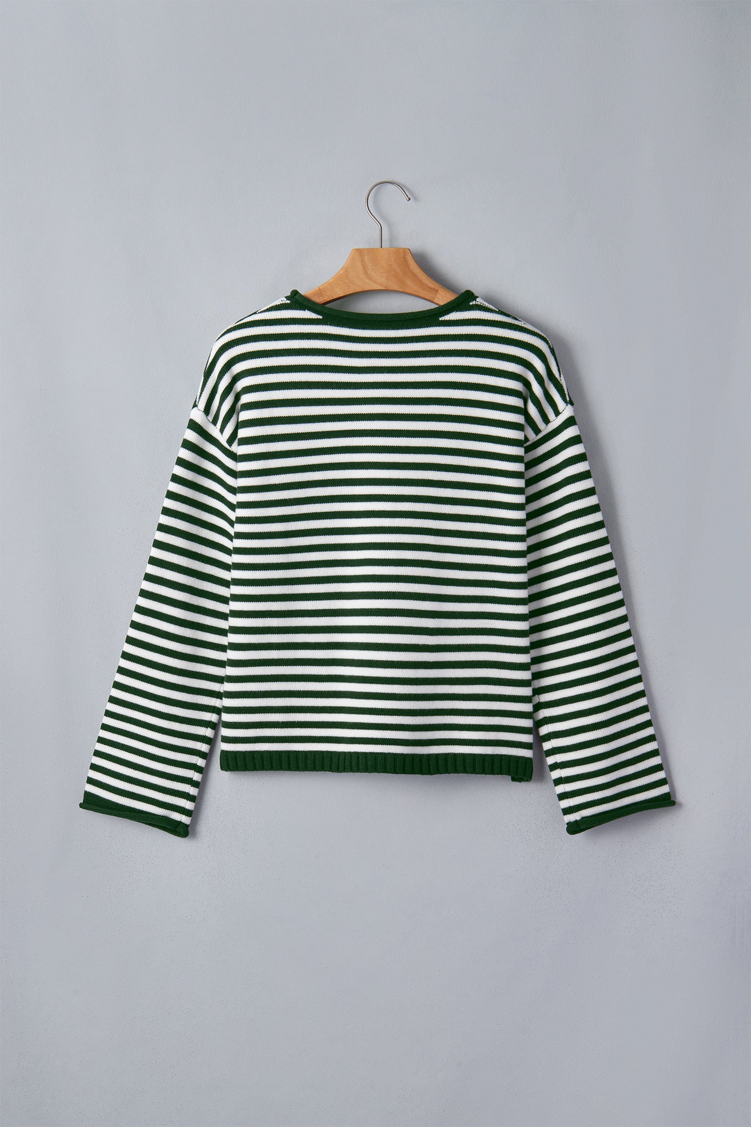 Stripe Button Placket Drop Shoulder Long Sleeve Sweater