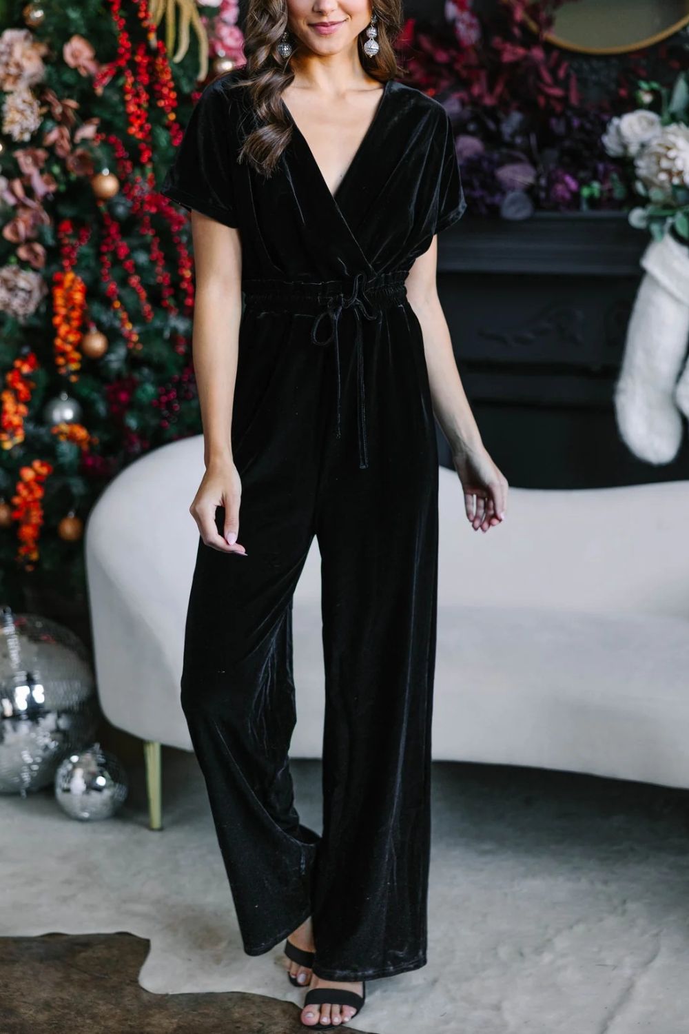 Burgundy Velvet Drawstring Surplice Jumpsuit | Wide-Leg Party