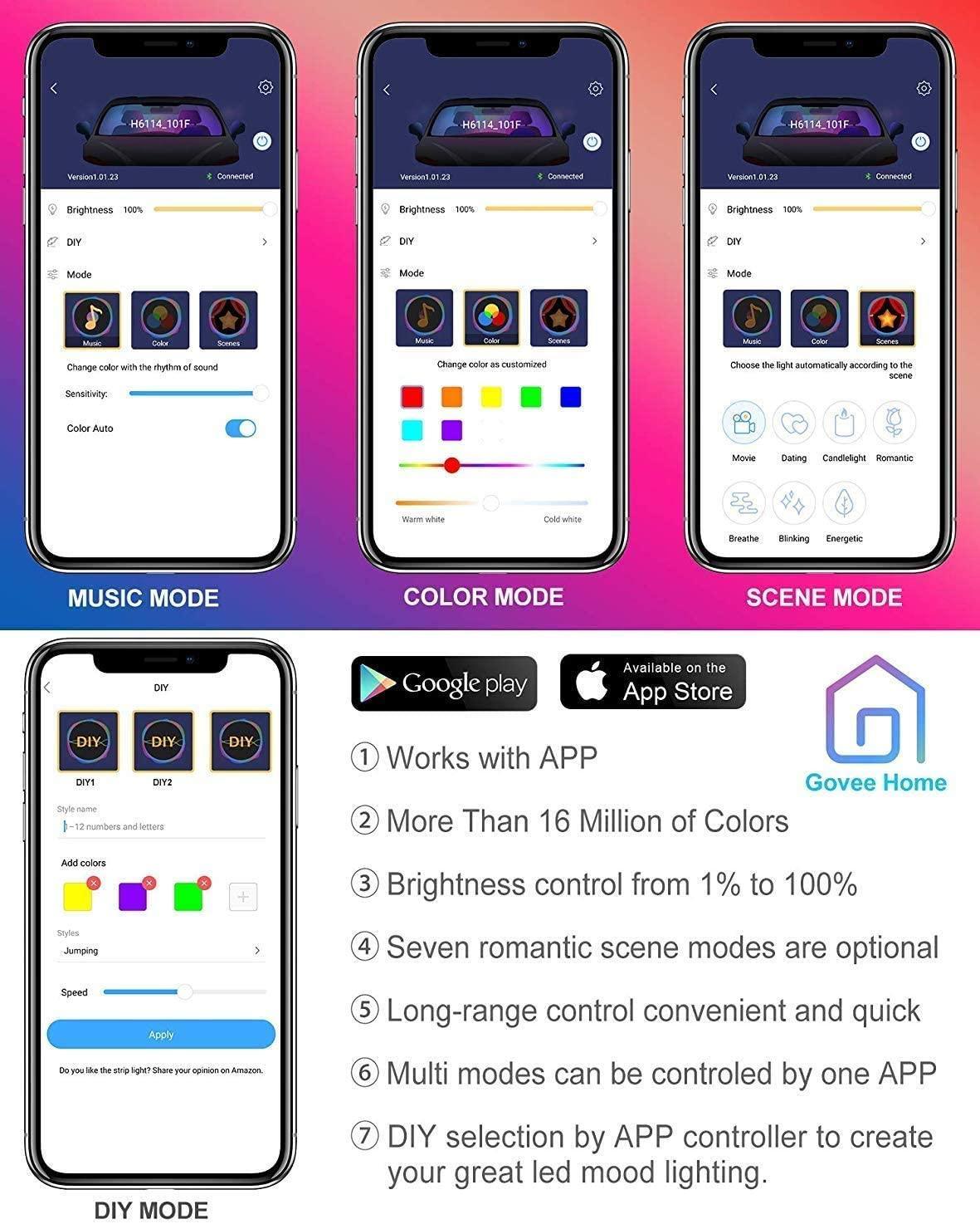 RGB LED Car Strip Lights with App Control & Music Sync Waterproof