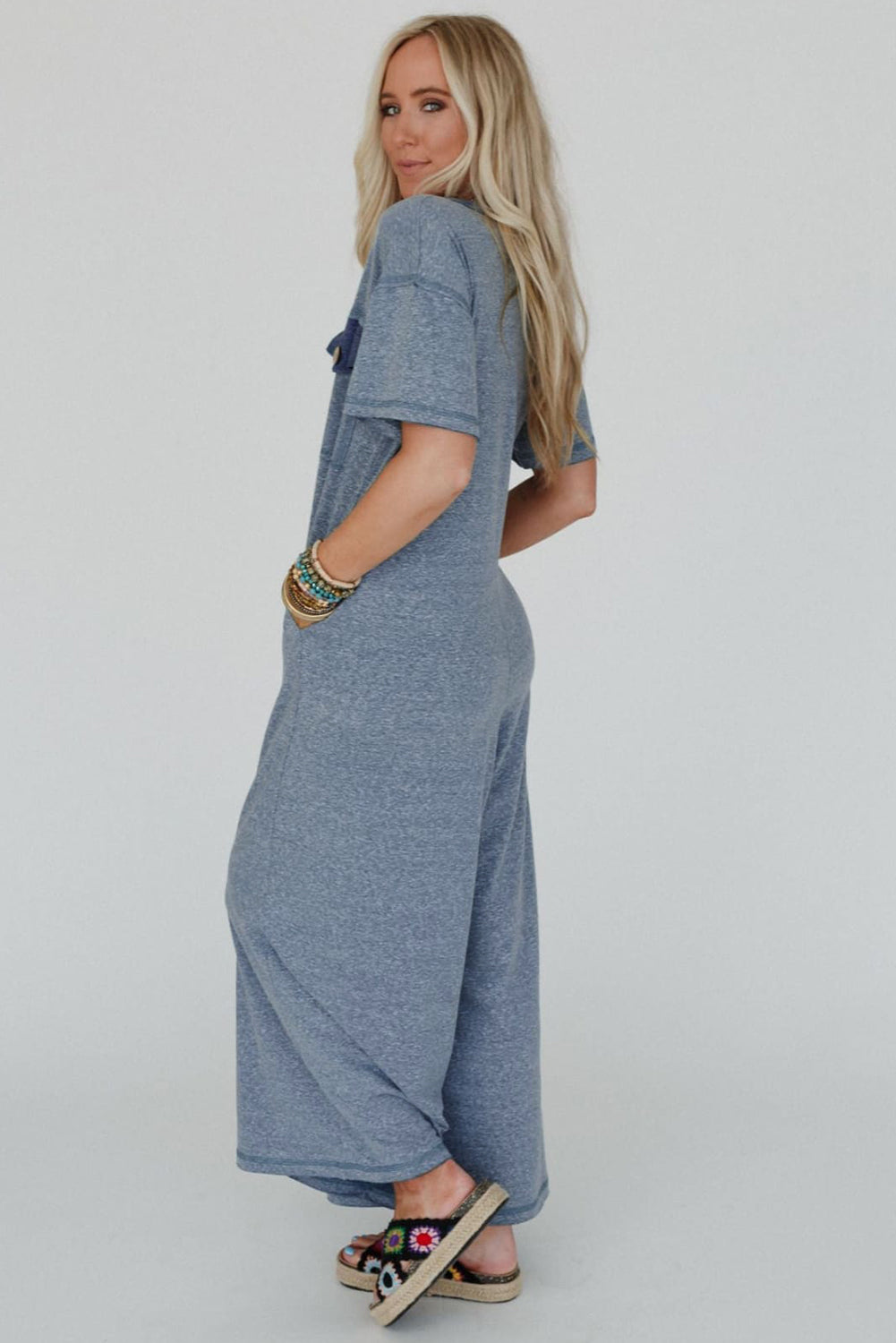 Beau Blue Patchwork Pocket Short Sleeve Jumpsuit