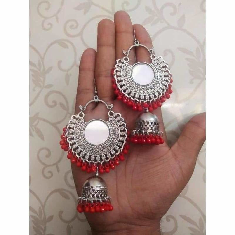 Red pearl and mirror work tassel Chandbali Jhumka earrings