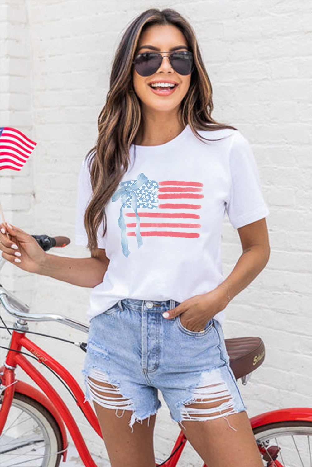 White American Flag Bow Knot Print Crew Neck Casual T-Shirt