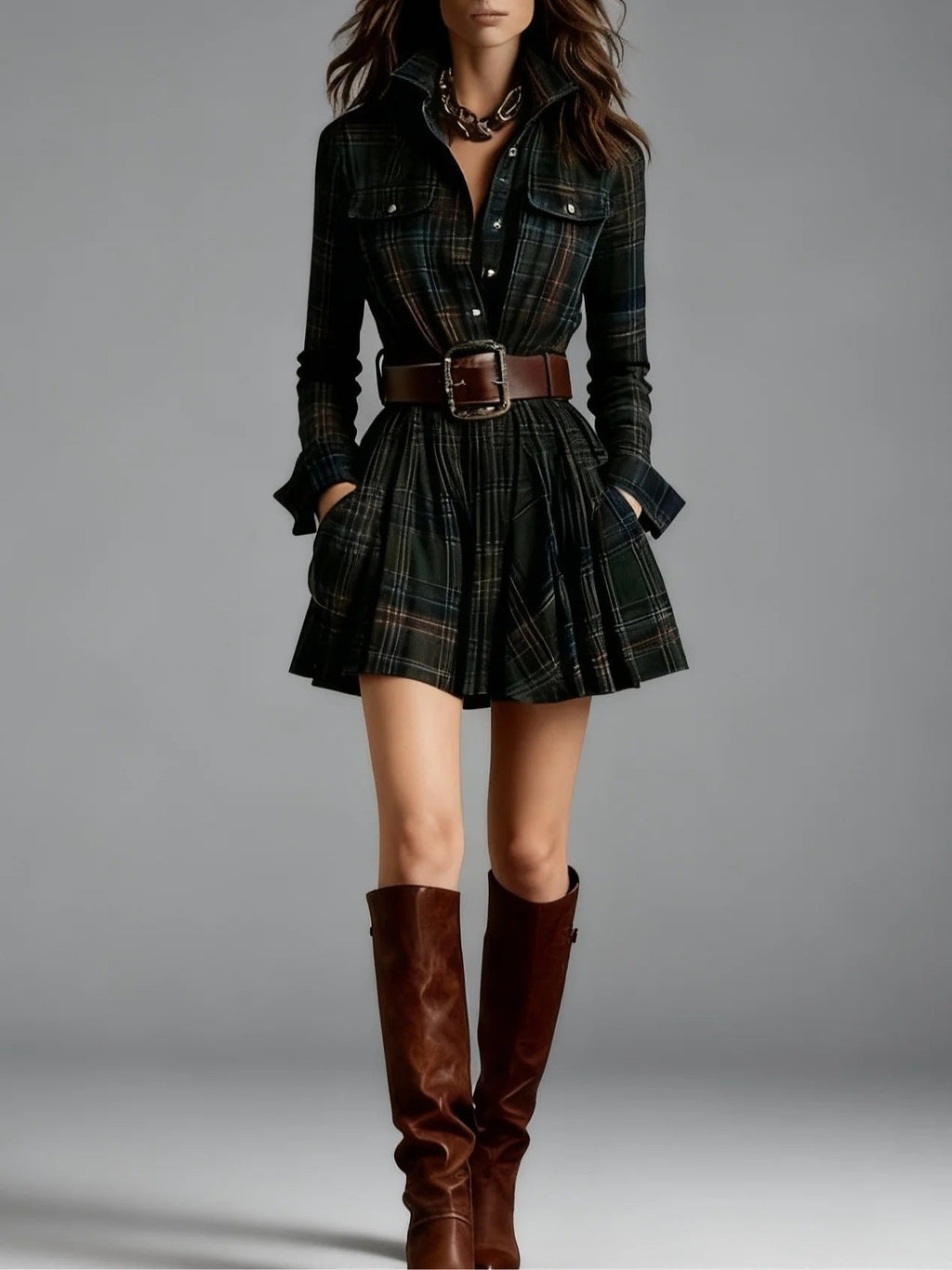 Women's Plaid Long Sleeve Mini Shirt Dress with Waist Belt