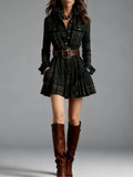 Women's Plaid Long Sleeve Mini Shirt Dress with Waist Belt