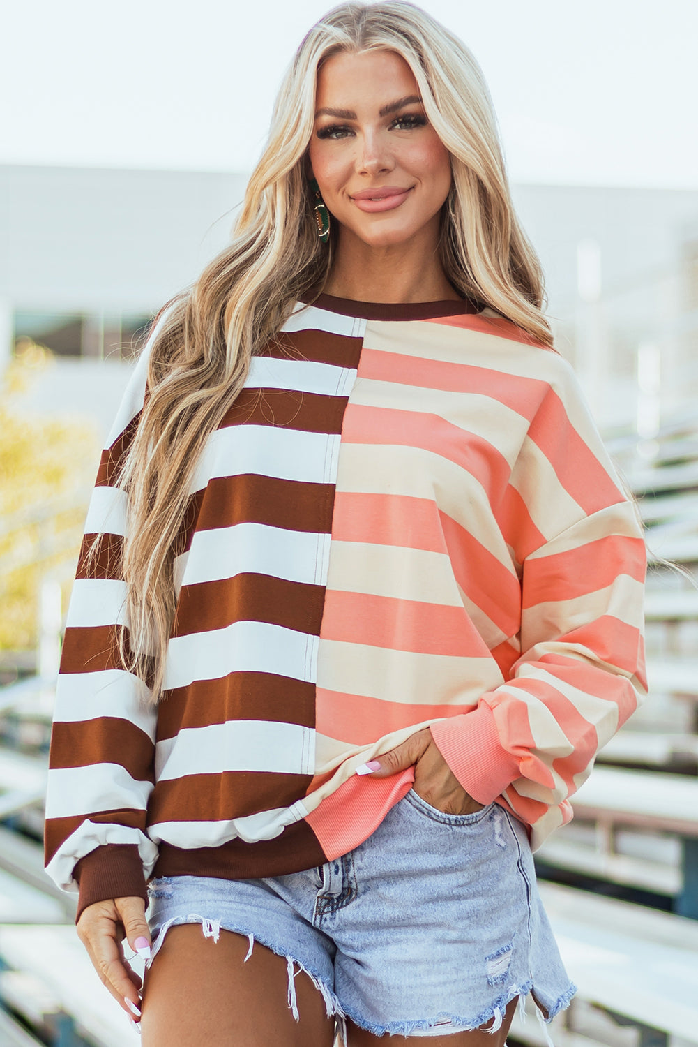 Yasena Color Block Striped Drop Shoulder Pullover Sweatshirt - Image 5
