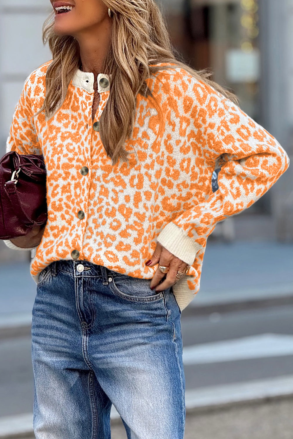 Orange Leopard Drop Shoulder Knitted Cardigan