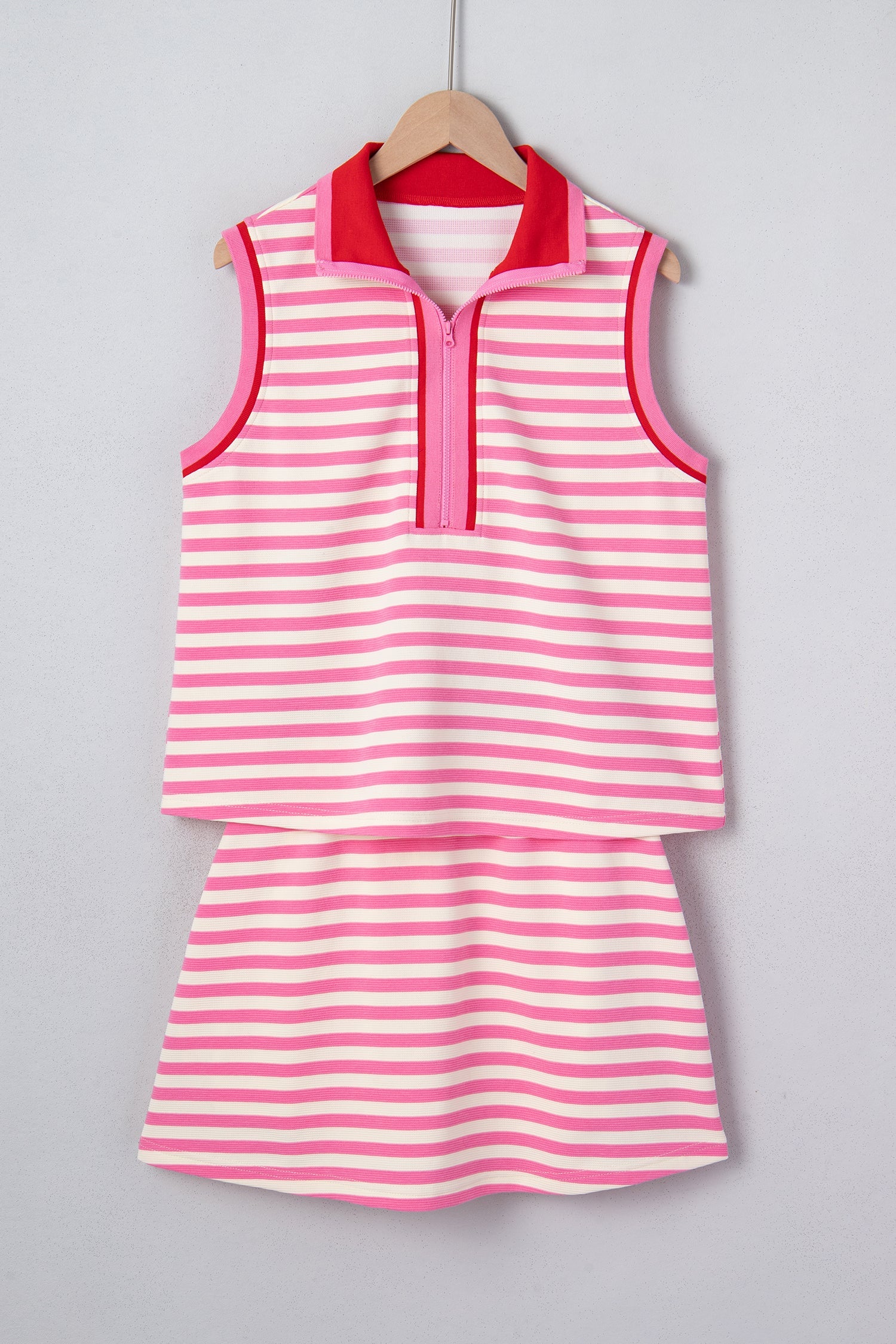 Pink and White Striped Quarter-Zip Sleeveless Top and Skort Set - Image 2