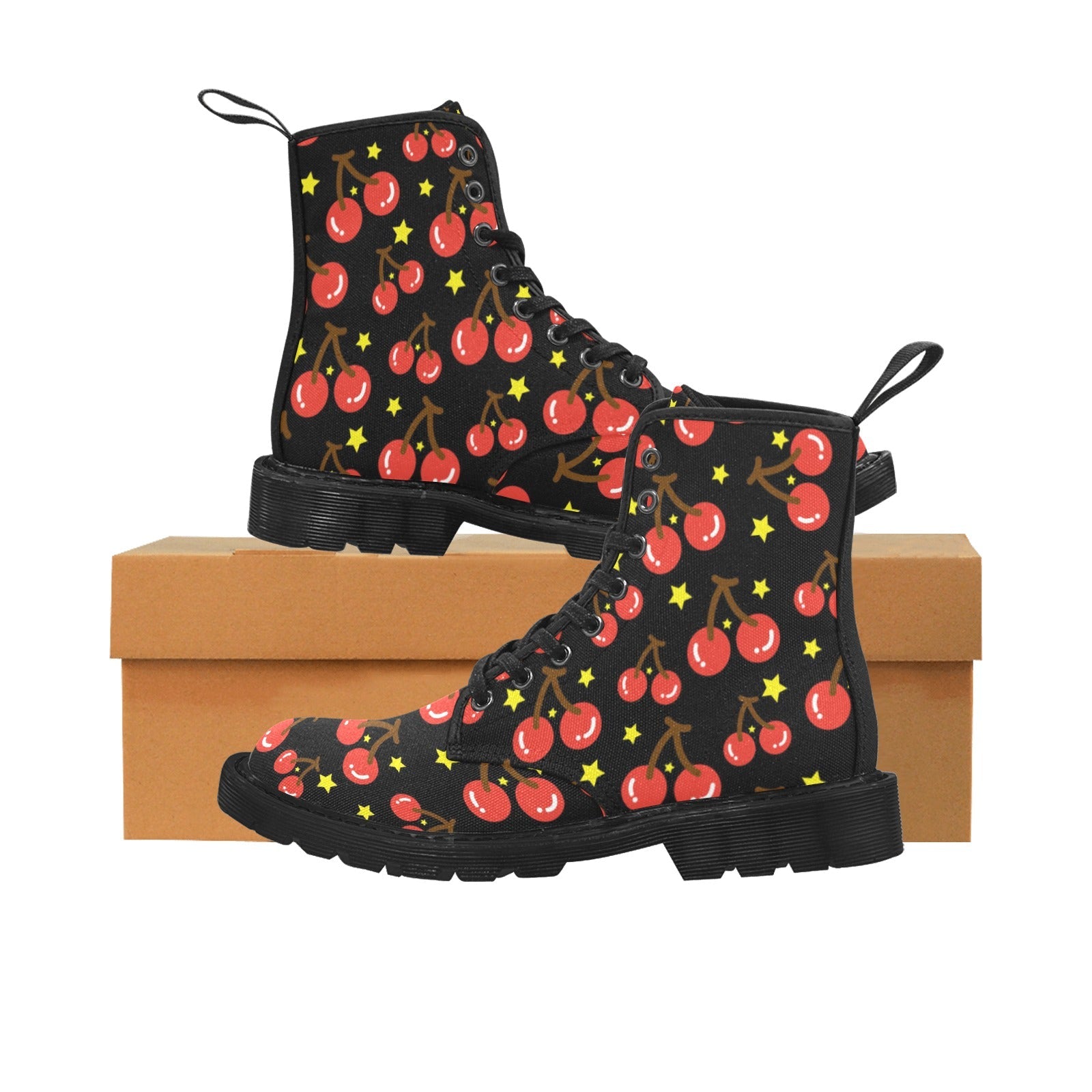 Women's Cherry & Star Print Black Canvas Lace-Up Combat Boots - Image 3
