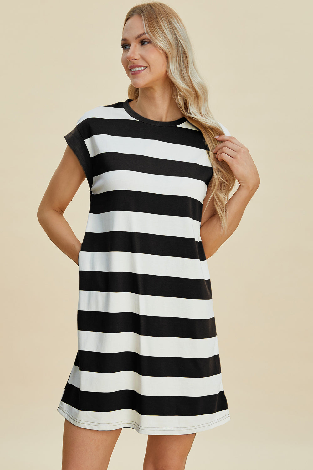 Striped Cotton Round Neck Cap Sleeve Mini Dress