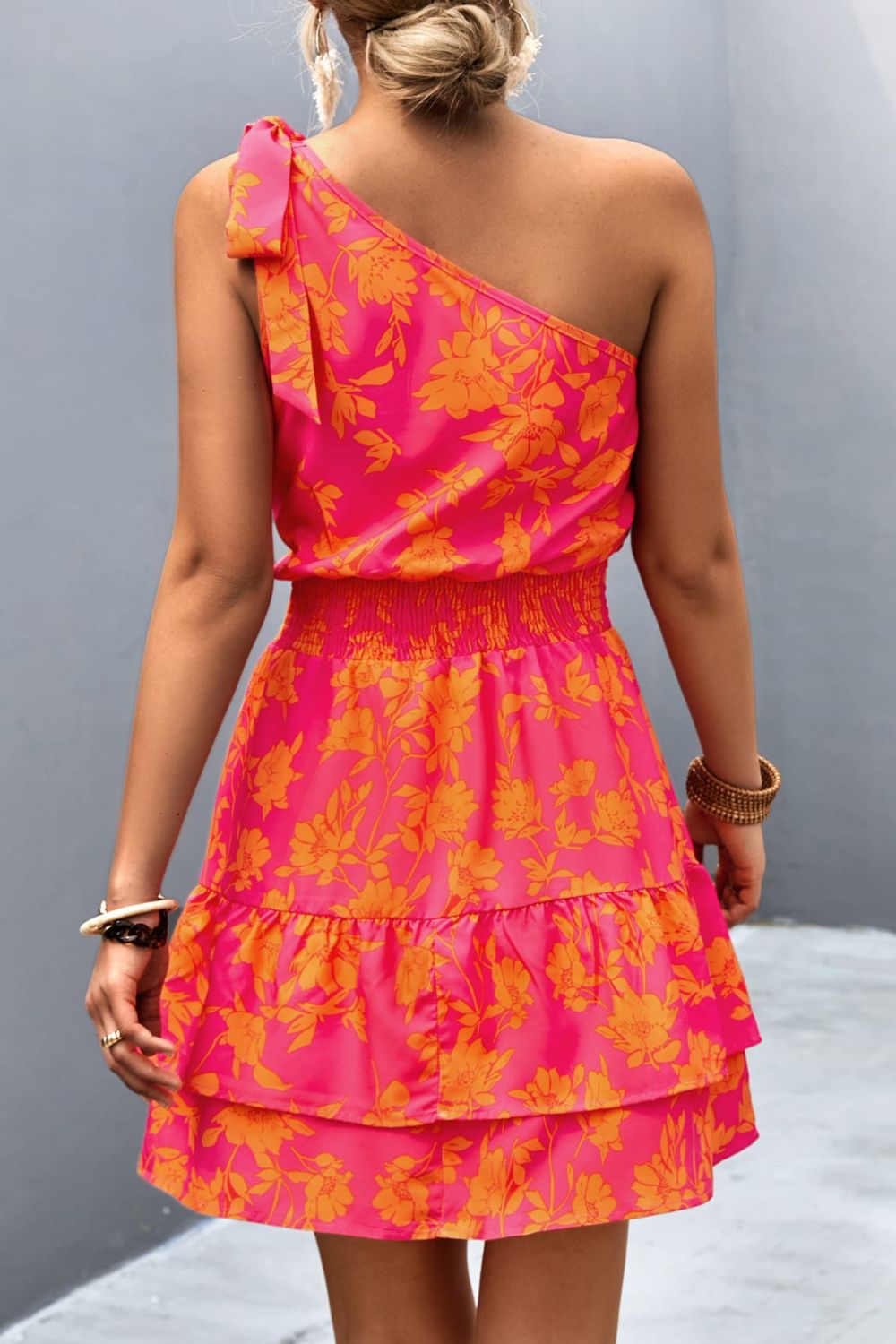 Pink Smocked One-Shoulder Printed Mini Dress Summer Style