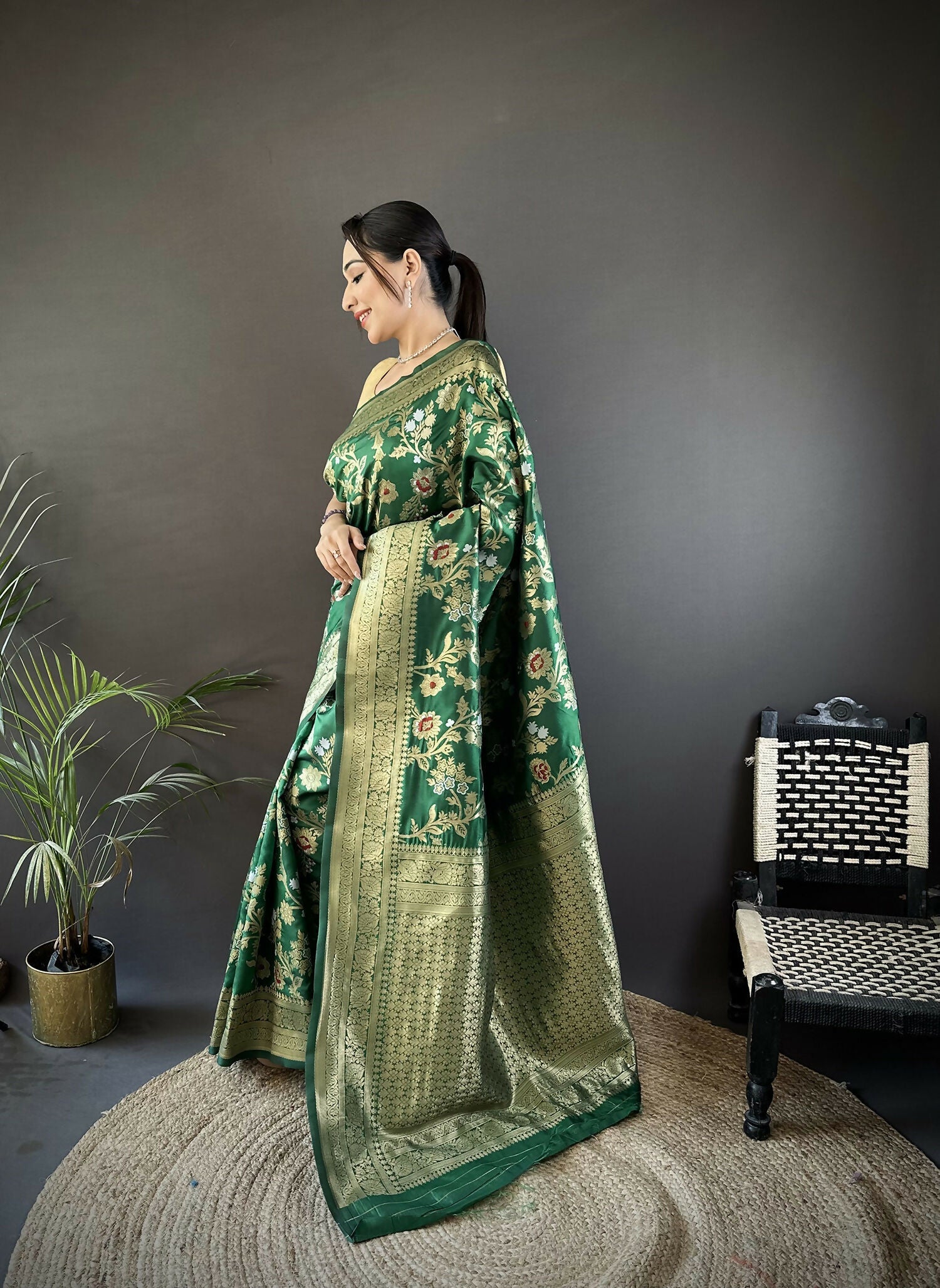 Green Floral & Ethnic Meenakari Soft Silk Banarasi Saree